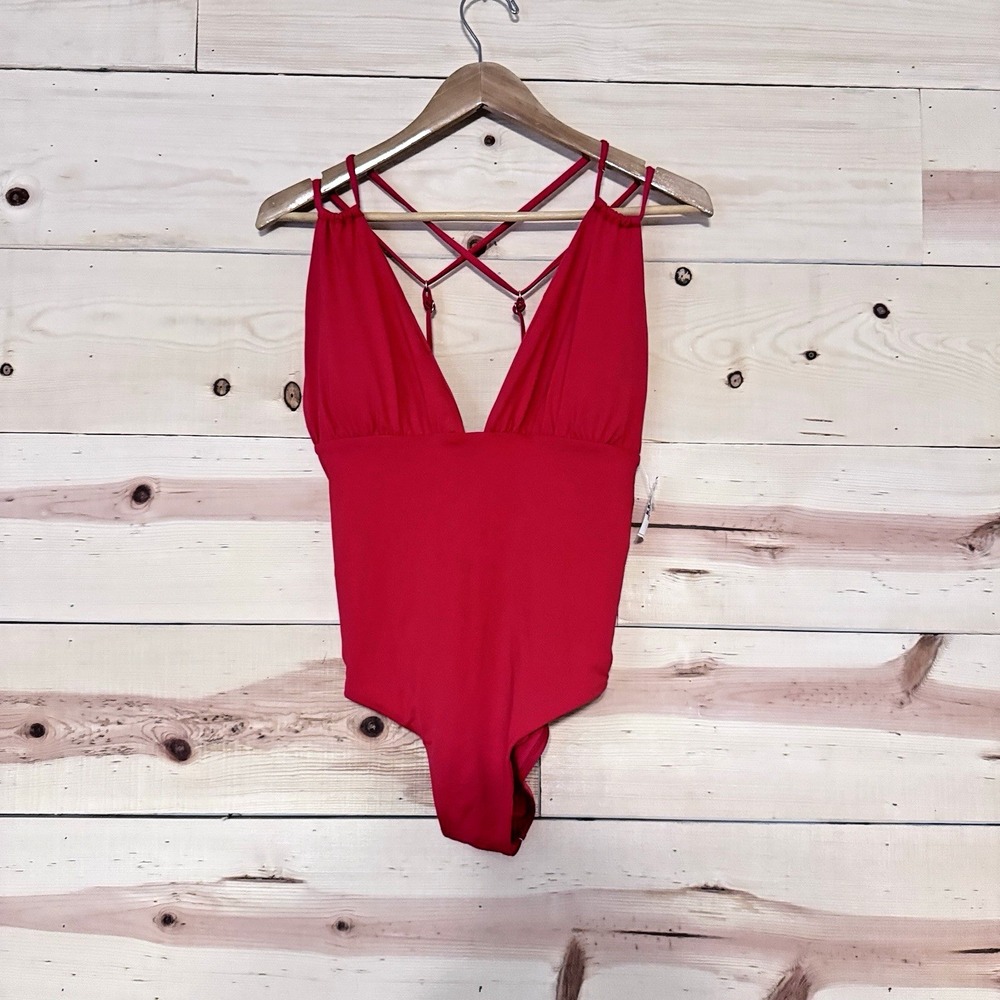 Sun Lab Swim Womens M Red Plunge Strappy One Piece Swimsuit NWT